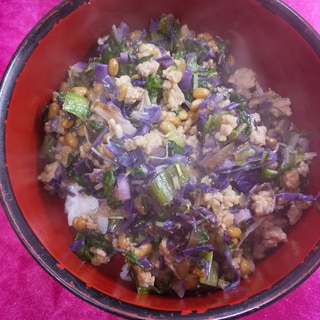 紫キャベツと豚ミンチの納豆ご飯